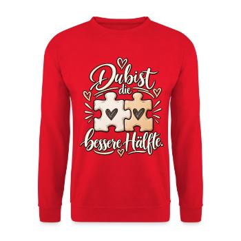 Partnerschaft Du bist die bessere Hälfte Puzzle - Unisex Pullover - Rot - Vorne - Alina (178cm) & Michal (187cm)
