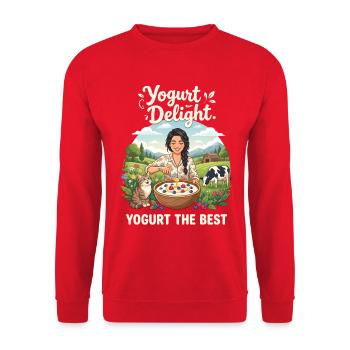 Yogurt Delight Lustiges Joghurt Katze Kuh Design - Unisex Pullover - Rot - Vorne - Alina (178cm) & Michal (187cm)