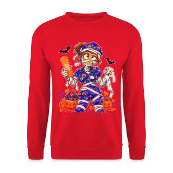 Halloween Krankenschwester Mumie in bunten Scrubs - Unisex Pullover - Rot - Vorne - Alina (178cm) & Michal (187cm)