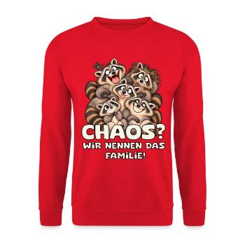 Chaotische Waschbärenfamilie - Unisex Pullover - Rot - Vorne - Alina (178cm) & Michal (187cm)