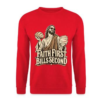 Lustiger Vater Christian Dad First Bills Second - Unisex Pullover - Rot - Vorne - Alina (178cm) & Michal (187cm)