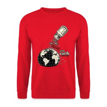 Jesus Spruch Salz der Erde Bibel - Unisex Pullover - Rot - Vorne - Alina (178cm) & Michal (187cm)