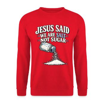 Salz der Erde Bibelvers Spruch - Unisex Pullover - Rot - Vorne - Alina (178cm) & Michal (187cm)