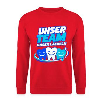 Unser Team Unser Lächeln – Zahnarztpraxis - Unisex Pullover - Rot - Vorne - Alina (178cm) & Michal (187cm)