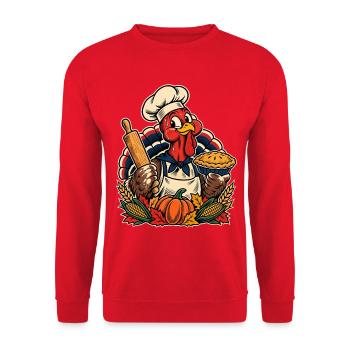 Thanksgiving Truthahn Bäcker mit Kürbis-Pie - Unisex Pullover - Rot - Vorne - Alina (178cm) & Michal (187cm)