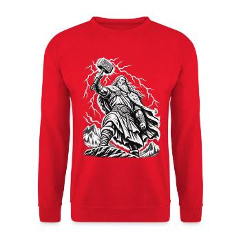 Thor – Donnergott im mystischen Sturm - Unisex Pullover - Rot - Vorne - Alina (178cm) & Michal (187cm)