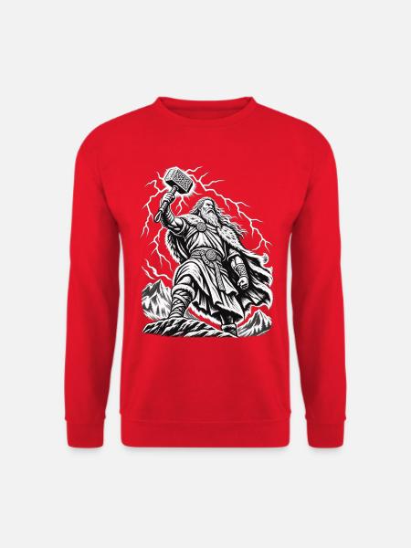 Thor – Donnergott im mystischen Sturm - Unisex Pullover - Rot