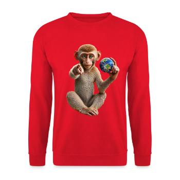 Affe-mit-Erdkugel - Unisex Pullover - Rot - Vorne - Alina (178cm) & Michal (187cm)