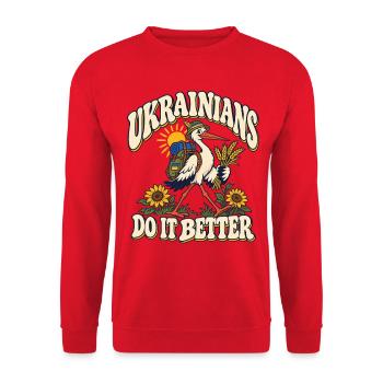 Ukrainischer Storch mit Heimatmotiv - Unisex Pullover - Rot - Vorne - Alina (178cm) & Michal (187cm)