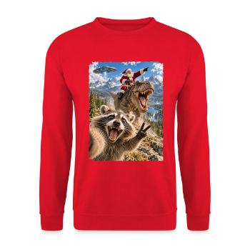 Waschbär Selfie mit Weihnachtsmann, T-Rex, UFO - Unisex Pullover - Rot - Vorne - Alina (178cm) & Michal (187cm)