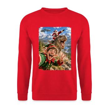 Lustiges Elf Selfie mit Weihnachtsmann, T-Rex, UFO - Unisex Pullover - Rot - Vorne - Alina (178cm) & Michal (187cm)