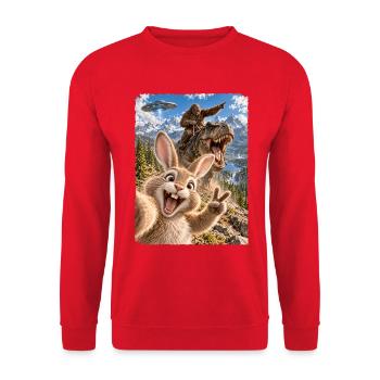 Osterhase Selfie mit Bigfoot, T-Rex, UFO - Unisex Pullover - Rot - Vorne - Alina (178cm) & Michal (187cm)