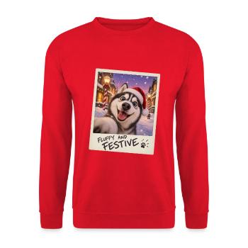 Fluffy And Festive Husky Selfie Weihnachten - Unisex Pullover - Rot - Vorne - Alina (178cm) & Michal (187cm)