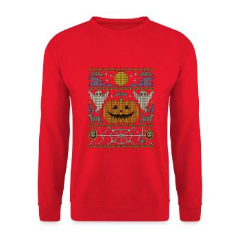 Halloween im Strickmuster - Unisex Pullover - Rot - Vorne - Alina (178cm) & Michal (187cm)