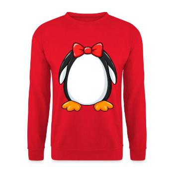 Pinguin mit roter Schleife - Unisex Pullover - Rot - Vorne - Alina (178cm) & Michal (187cm)