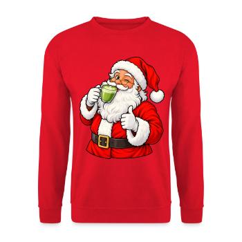 Weihnachtsmann mit Matcha Latte - Unisex Pullover - Rot - Vorne - Alina (178cm) & Michal (187cm)