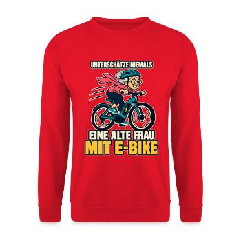 Unterschätze niemals eine alte Frau mit E-Bike - Unisex Pullover - Rot - Vorne - Alina (178cm) & Michal (187cm)