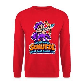 Achtung, Schütze - sagt, was Sache ist - Unisex Pullover - Rot - Vorne - Alina (178cm) & Michal (187cm)