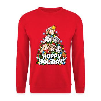 Hoppelnde Weihnachtshasen im Tannenbaum - Unisex Pullover - Rot - Vorne - Alina (178cm) & Michal (187cm)