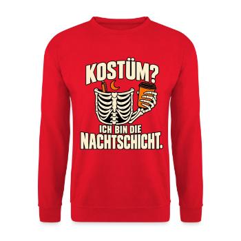 Halloween Nachtschicht Skelett - Unisex Pullover - Rot - Vorne - Alina (178cm) & Michal (187cm)