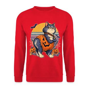 Halloween bockige Katze im Kürbis - Unisex Pullover - Rot - Vorne - Alina (178cm) & Michal (187cm)