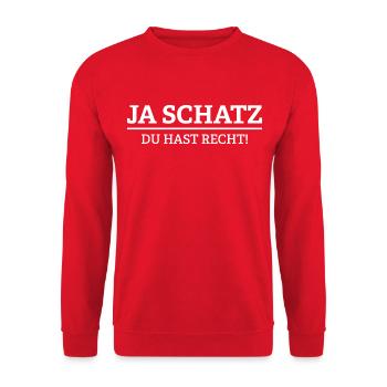 Ja Schatz - Du hast Recht - Unisex Pullover - Rot - Vorne - Alina (178cm) & Michal (187cm)