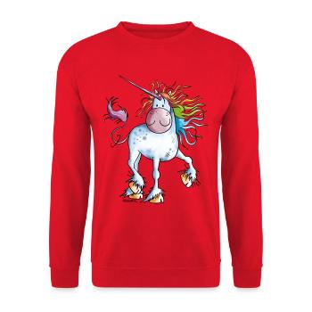 Regenbogen Einhorn - Unisex Pullover - Rot - Vorne - Alina (178cm) & Michal (187cm)