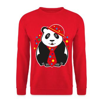 Panda mit lustigen Hut, Krawatte und Konfetti. - Unisex Pullover - Rot - Vorne - Alina (178cm) & Michal (187cm)
