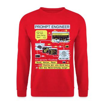 Prompt Engineer Weltrettung lustiges Design - Unisex Pullover - Rot - Vorne - Alina (178cm) & Michal (187cm)