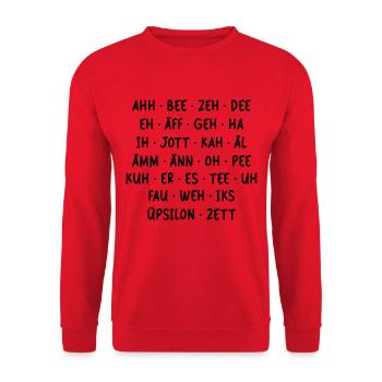 LUSTIGES ALPHABET DEUTSCH LAUTSCHRIFT KIND SCHULE - Unisex Pullover - Rot - Vorne - Alina (178cm) & Michal (187cm)