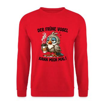 DER FRÜHE VOGEL KANN MICH MAL! KAFFEE TASSE SPRUCH - Unisex Pullover - Rot - Vorne - Alina (178cm) & Michal (187cm)
