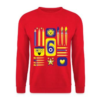 6 / Blaue sechs mit Herz zum Kindergeburtstag. - Unisex Pullover - Rot - Vorne - Alina (178cm) & Michal (187cm)