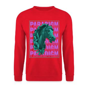 Sculpture de cheval néon dans le rétro futurisme - Sweat-shirt Unisexe - rouge - Devant - Alina (178cm) & Michal (187cm)
