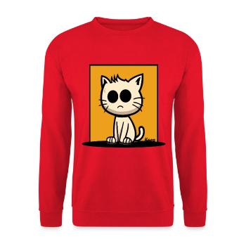 Katze mit großen Augen auf orangem Grund - Unisex Pullover - Rot - Vorne - Alina (178cm) & Michal (187cm)