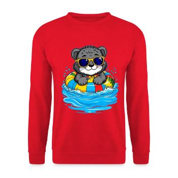 Kleines Kätzchen mit buntem Schwimmreifen - Unisex Pullover - Rot - Vorne - Alina (178cm) & Michal (187cm)