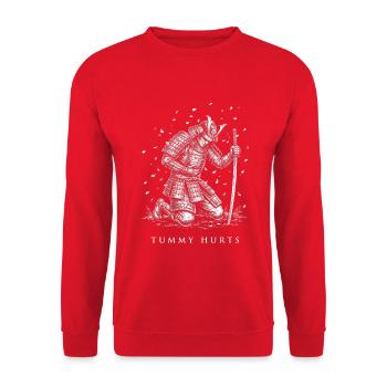 Sad Samurai Tummy Hurts Meme Gothic Humor - Unisex Pullover - Rot - Vorne - Alina (178cm) & Michal (187cm)