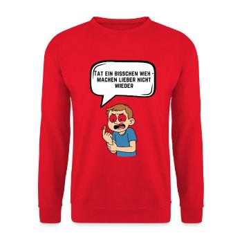 Kleiner Schmerz Warnung Comic Spruch - Unisex Pullover - Rot - Vorne - Alina (178cm) & Michal (187cm)