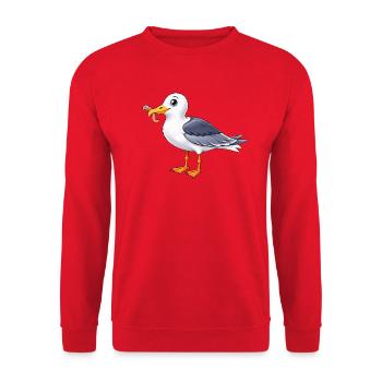 Lustige Möwe mit Wurm Küste Meer - Unisex Pullover - Rot - Vorne - Alina (178cm) & Michal (187cm)