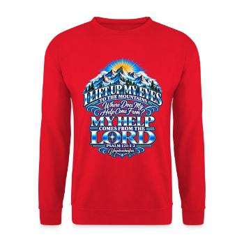 Psalm 121, Psalm 121:1-2, I Lift Up My Eyes - Unisex Pullover - Rot - Vorne - Alina (178cm) & Michal (187cm)