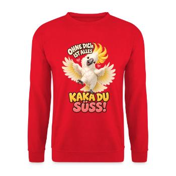 Kakadu Wortspiel Ohne dich – Liebe & Freundschaft - Unisex Pullover - Rot - Vorne - Alina (178cm) & Michal (187cm)