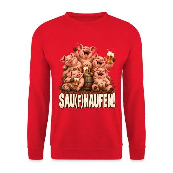 Sau(f)haufen Schweine Bier Stammtisch JGA Spruch - Unisex Pullover - Rot - Vorne - Alina (178cm) & Michal (187cm)