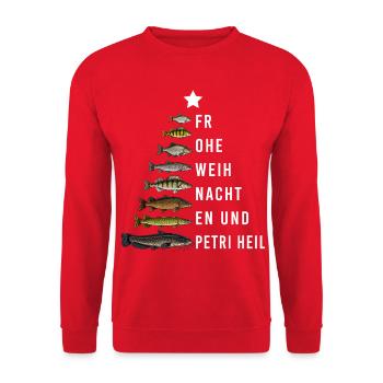 Angler Frohe Weihnachten Christbaum Fische - Unisex Pullover - Rot - Vorne - Alina (178cm) & Michal (187cm)
