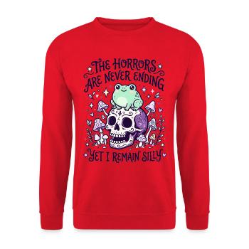 Die Schrecken enden nie, doch ich bleibe albern - Unisex Pullover - Rot - Vorne - Alina (178cm) & Michal (187cm)