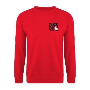 Duck Off - Lustige Cartoon Ente mit Haltung - Unisex Pullover - Rot - Vorne - Alina (178cm) & Michal (187cm)
