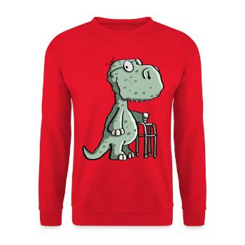 Opa Dinosaurier mit Gehhilfe - Alt - Dino - Comic - Unisex Pullover - Rot - Vorne - Alina (178cm) & Michal (187cm)