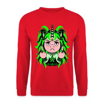 Acid Reign: Giftgrünes EinZORN mit Mittelfinger - Unisex Pullover - Rot - Vorne - Alina (178cm) & Michal (187cm)