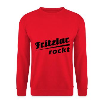 Fritzlar rockt - Textdesign mit Stadtnamen - Unisex Pullover - Rot - Vorne - Alina (178cm) & Michal (187cm)