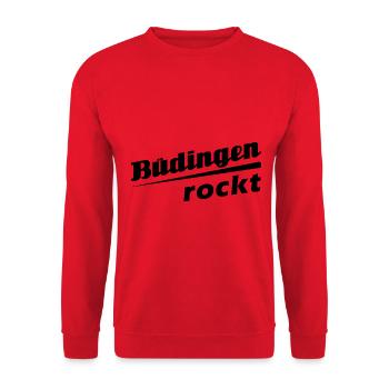 Büdingen rockt - Textdesign mit Stadtnamen - Unisex Pullover - Rot - Vorne - Alina (178cm) & Michal (187cm)