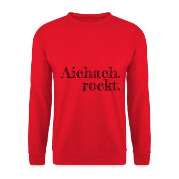 Aichach rockt - Textdesign mit Stadtnamen - Unisex Pullover - Rot - Vorne - Alina (178cm) & Michal (187cm)