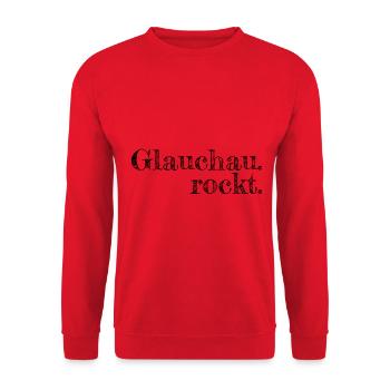 Glauchau rockt - Textdesign mit Stadtnamen - Unisex Pullover - Rot - Vorne - Alina (178cm) & Michal (187cm)